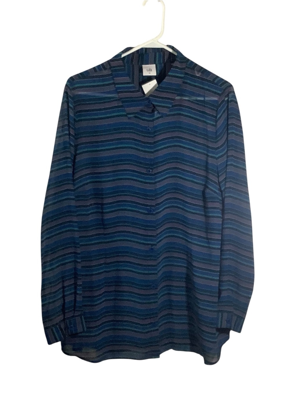 CAbi Alex Blouse in Navy, Teal and Purple Stripes